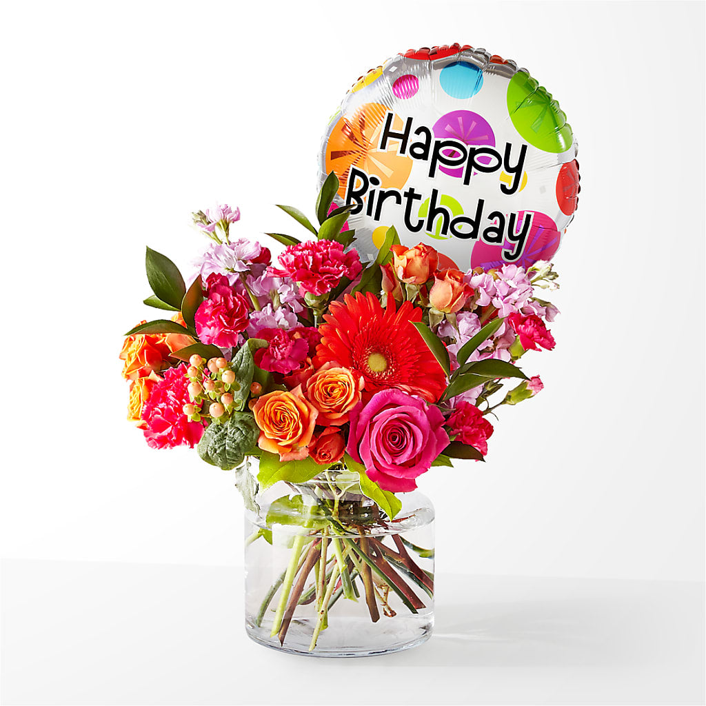 Fiesta Bouquet with Birthday Balloon – Lynchburg Leo Wood Florist, Lynchburg VA
