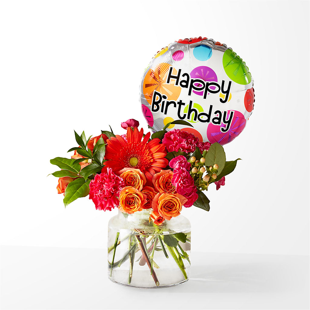 Fiesta Bouquet with Birthday Balloon – Lynchburg Leo Wood Florist, Lynchburg VA