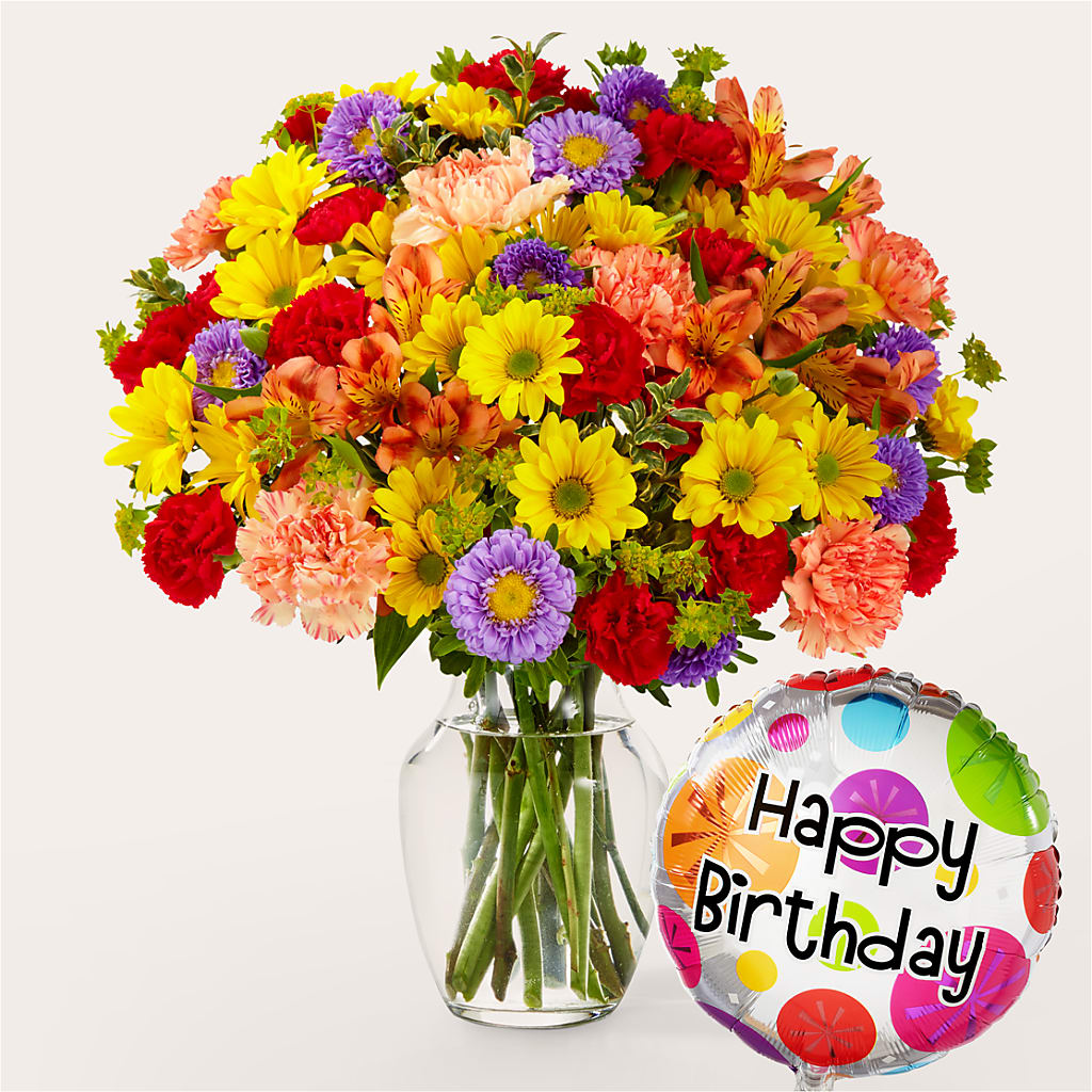 Kaleidoscope Bouquet with Birthday Balloon – Lynchburg Leo Wood Florist, Lynchburg VA