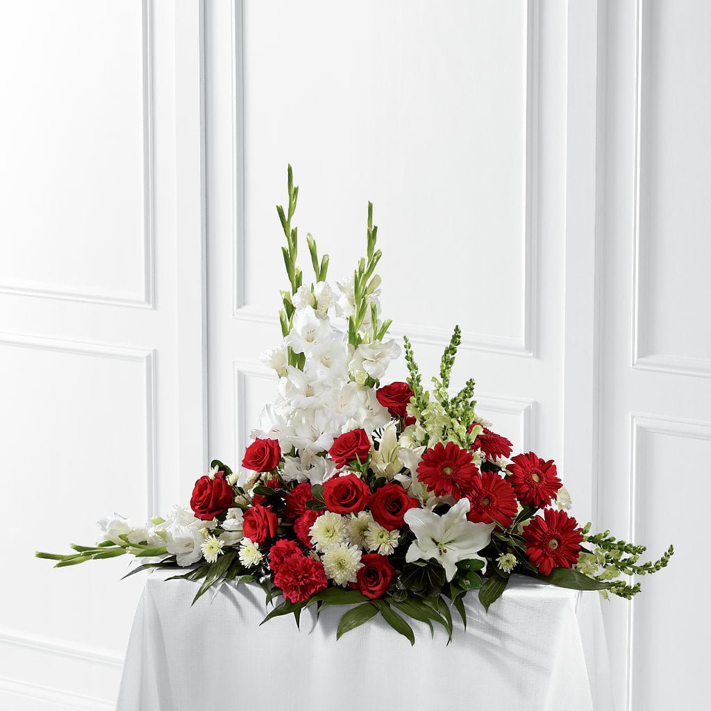 Crimson & White Arrangement – Lynchburg Leo Wood Florist, Lynchburg VA