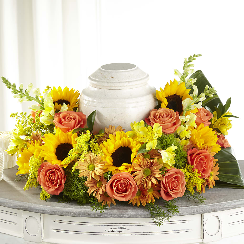 Faithful Sunflower Cremation Adornment – Lynchburg Leo Wood Florist, Lynchburg VA