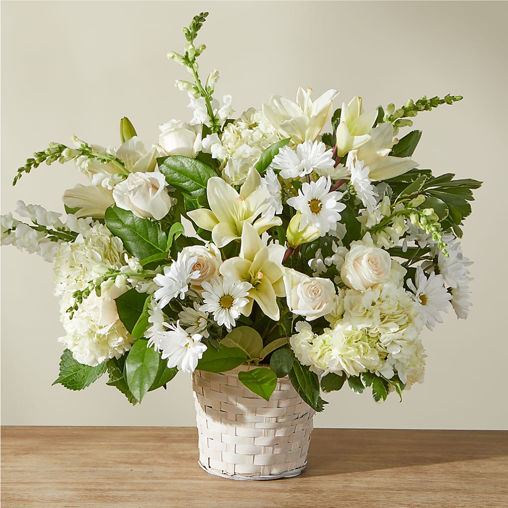 Ivory Elegance Floral Basket – Lynchburg Leo Wood Florist, Lynchburg VA