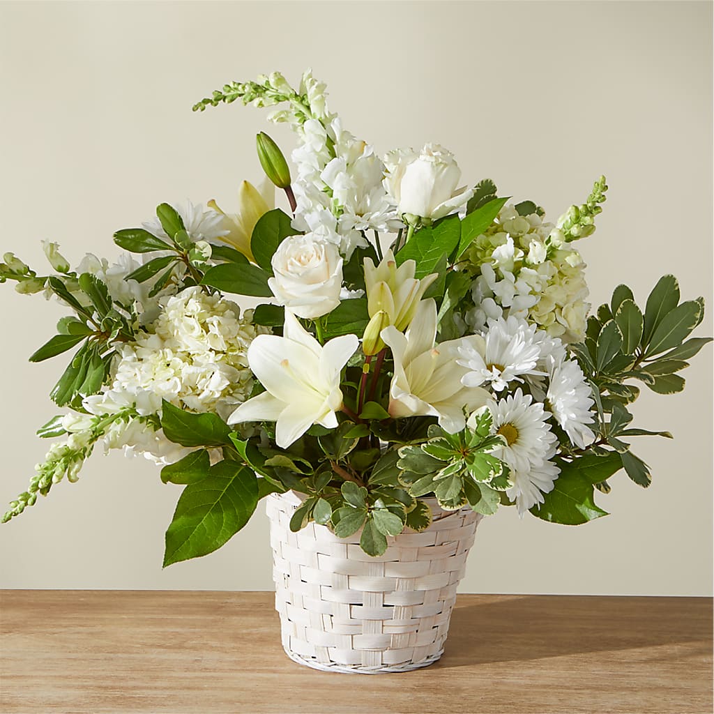 Ivory Elegance Floral Basket – Lynchburg Leo Wood Florist, Lynchburg VA