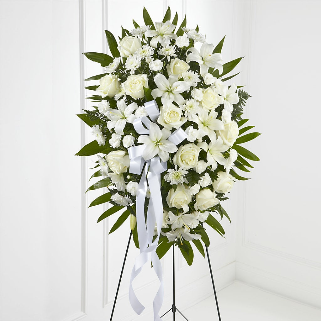 Exquisite Tribute Standing Spray-White Ribbon – Lynchburg Leo Wood Florist, Lynchburg VA
