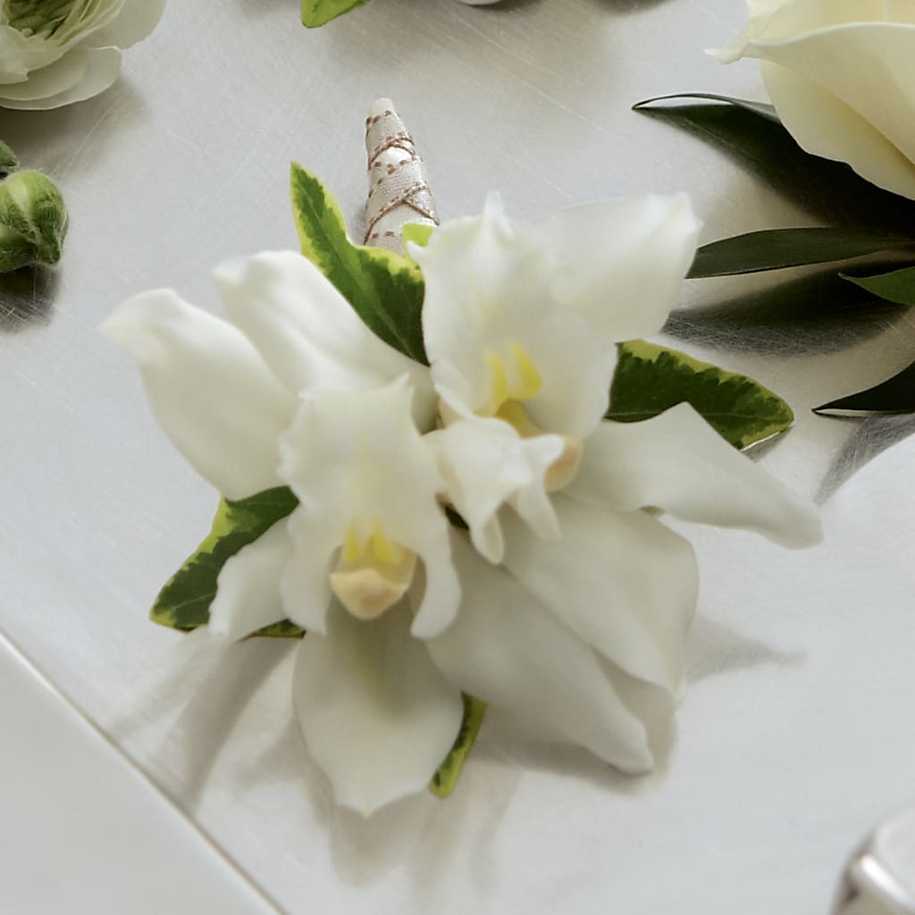 White Mini Cymbidium Boutonniere – Lynchburg Leo Wood Florist, Lynchburg VA