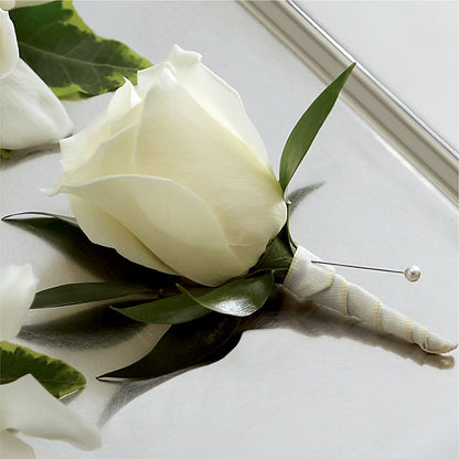 White Rose Boutonniere –  Lynchburg Leo Wood Florist, Lynchburg VA